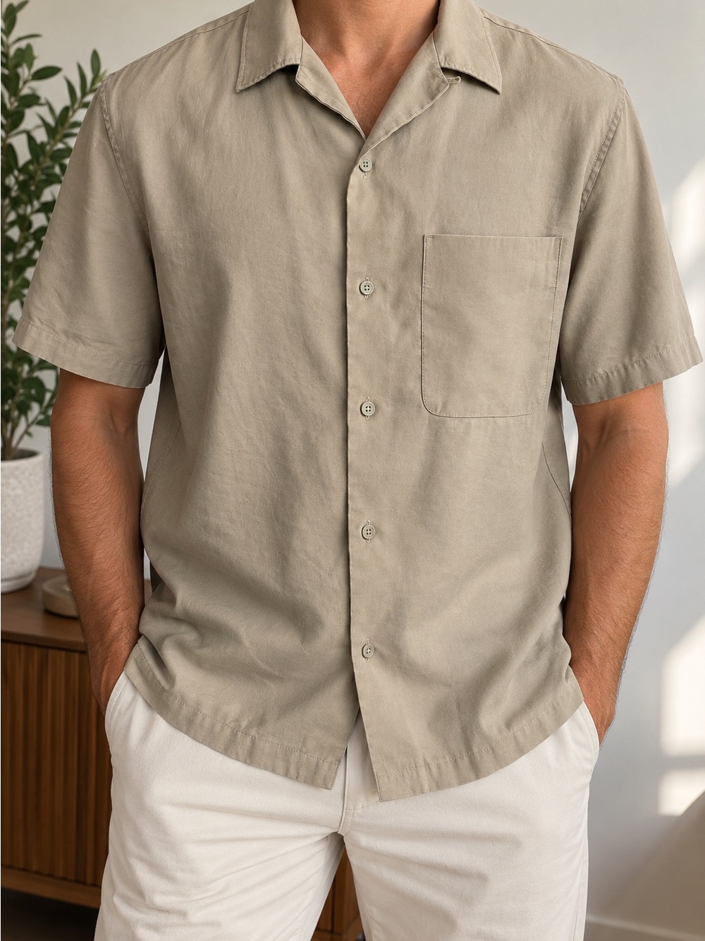 ZARA Men’s Lyocell Blend Beige Short Sleeve Button Up Shirt Size L